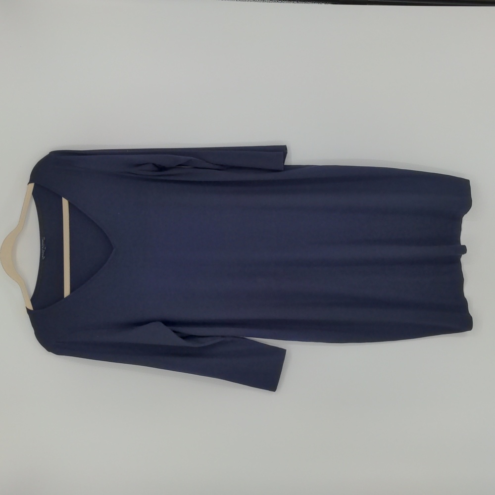 Eileen Fisher Navy Blue Jersey Knit Viscose V Neck Midi Length Dress Size Large